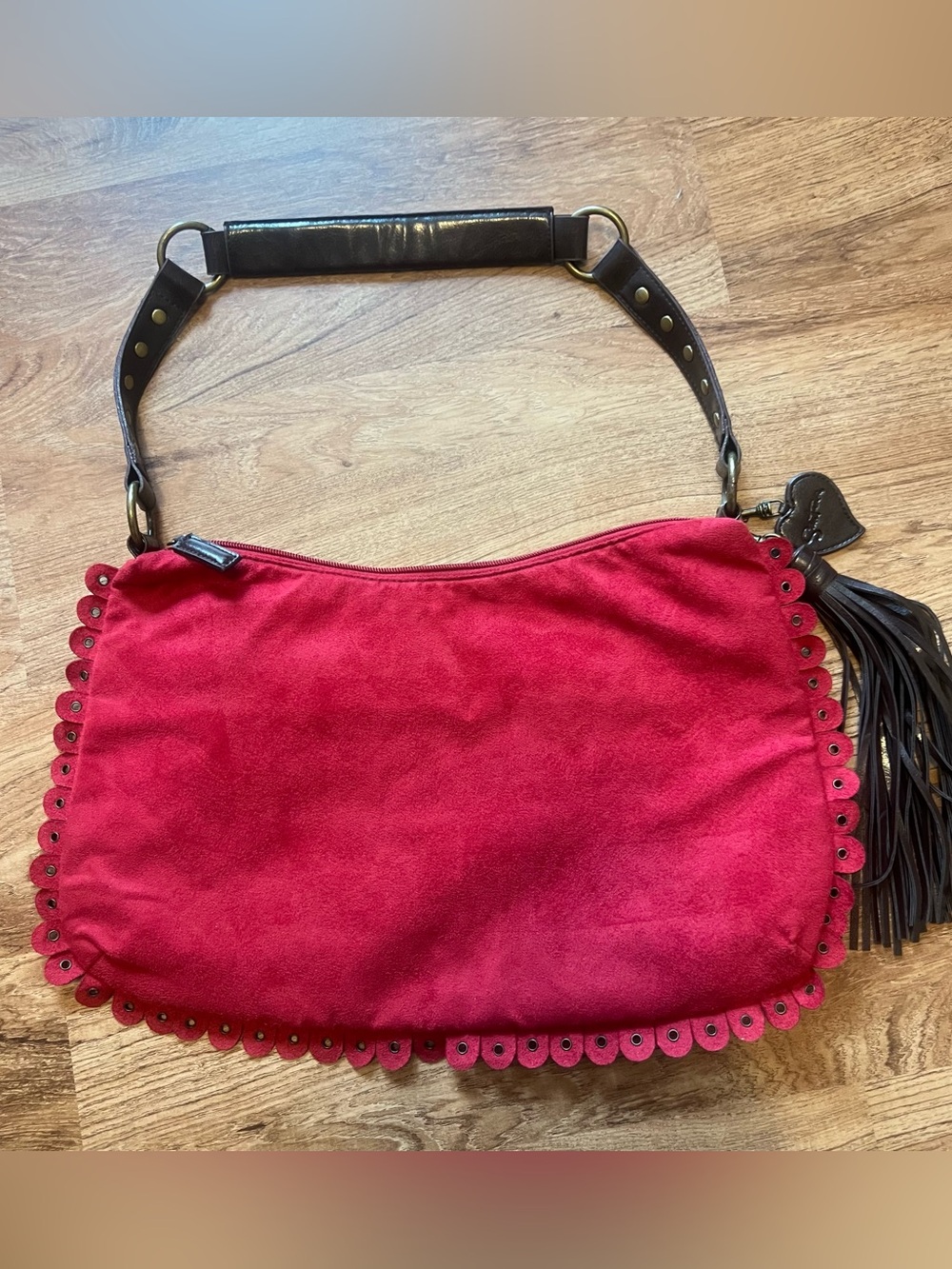 Carlos Santana Red Suede Shoulder Bag with Scalloped Eyelet Trim